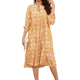 R.Vivimos Womens Summer Casual Midi Dress Lantern Sleeve Tie V Neck Boho Floral Print Loose Fit Flowy Long Dresses (Large, Yellow)