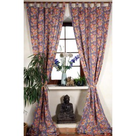Boho Curtains (1 Pair) with Loops, Hand Printed Ethnic Style Curtain, Mandala Motif - Orange/Yellow / Curtains and Curtains