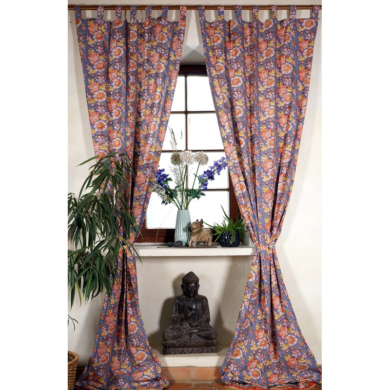 Boho Curtains (1 Pair) with Loops, Hand Printed Ethnic Style