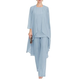 Zongqiven Chiffon Mother of The Bride Pant Suits 3Pcs Wedding Formal Outfit Set Evening Gown for Women Light Blue