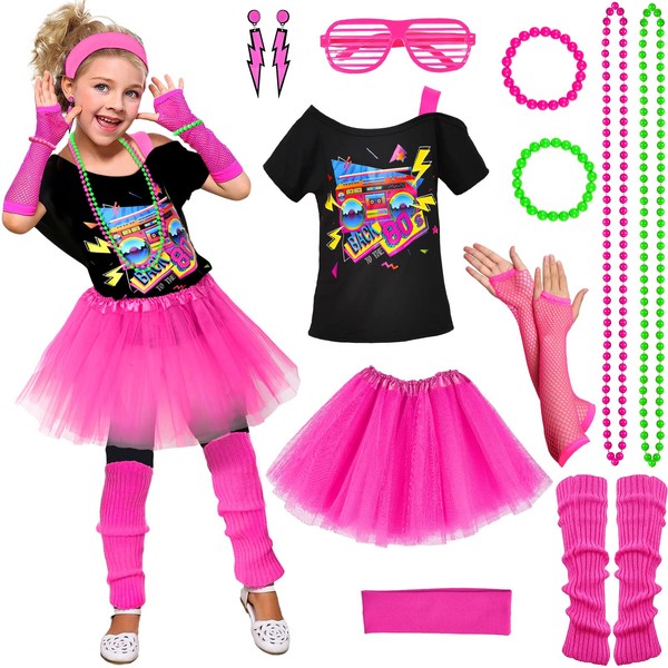 Latocos 14 Pcs 80s Costume Accessories T-Shirt Tutu Skirt Outfits Halloween Cosplay 1980s Theme Retro Party Girls