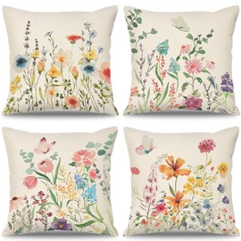 Dremisland Set of 4 Outdoor Cushion Covers, 45 x 45 cm, Garden Cushion, Sofa Cushion, Colourful Flowers, Butterflies Cushion Covers, Summer Cushion Cover, Farmhouse Decorative Cushion, Linen