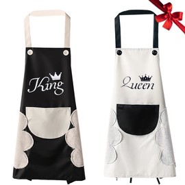 Set of 2 Aprons, Pair of Aprons King and Queen Waterproof Aprons Cooking Apron Men Women Black Cream White Apron with Pockets Apron for Gift Home Baking Christmas Birthday Valentine's Day, black /