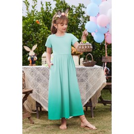 Arshiner Girls Maxi Dress Long/Short Sleeve Casual Holiday Dress with Pockets for 5-6 Years