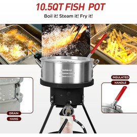 Red Mountain Valley 10.5 Qt Outdoor Propane Fish Fryer Pot Kit with Aluminum Strainer Basket, Thermometer for Boiling and Frying, 50,000 BTU Burner, 0-5 PSI Regulator, Full CSA Approved Fish Cooker
