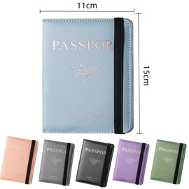 MANJIAMEI Airplane Passport Holder, Universal Passport Cover with Card Slot & Elastic Strap for Women Men, PU Leather Travel Wallet Organiser for Passport Tickets Credit Cards Boarding Passes (Blue)