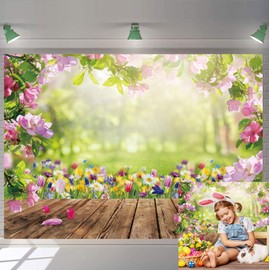 Spring Photography Backdrop Spring Easter Wood Floor Flowers Natural Scenery Backdrop Kids Birthday Baby Shower Wedding Party Decoration Background (7x5FT: 84x60 inch)