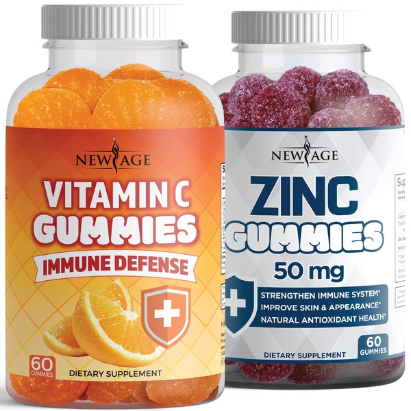 NEW AGE Vitamin C & Zinc Gummies Combo Vitamin C 250mg Natural Orange - Zinc 50mg High Potency Immune Booster Supplement - Immunity Defense Powerful Natural Antioxidant -2 Pack Combo- 120 Count