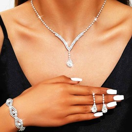 Aukmla Bridal Wedding Jewelry Set Rhinestones Wedding Necklaces Earrings Bracelet Sets Ctystal Prom Jewelry for Women and Brides (Silver)