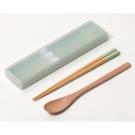 Ansio CT-27 Sound-Resistant Antibacterial Chopsticks Spoon 7.1 inches (18 cm), Pull Lid, Chopsticks Case Set, Natural Wood, Green, Dishwasher Safe, Made in Japan