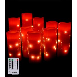 danip red flameless Candle, Built-in Star Cluster, 9 LED Candles, 11 Button Remote Control, 24-Hour Cycle Timer, Flashing Flame, Real Wax, Battery Powered. (Starry Sky Series)