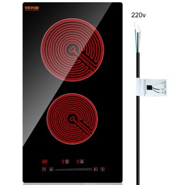 VEVOR Built in Electric Stove Top, 12 inch 2 Burners, 240V Glass Radiant Cooktop with Sensor Touch Control, Timer & Child Lock Included, 9 Power Levels for Simmer Steam Slow Cook Fry