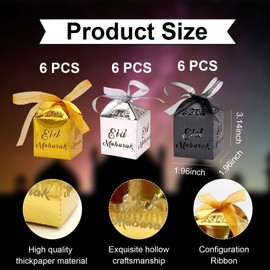 iwiio 18Pcs Eid Mubarak Gift Boxes, Islamic-inspired Design, Gold, Black, Silver, 1.96 x 3.14 Inches, 18 Count, Cardboard, Perfect for Eid Celebrations