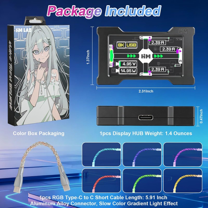 USB C Hub Docking Station with 1.9”IPS Smart Display, Power