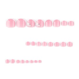 MouyouGlow AUB14 Fake Toenails for Sticking, Short, Squared White, French 3D Flowers, Flowers, Diamond, Pearl, Summer INS, Artificial Toe Nails, Press On Nails, Pack of 24