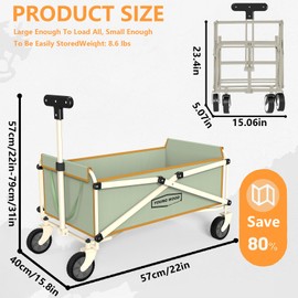 YOUNG WOOD Collapsible Wagon cart with 300lbs Weight Capacity, Heavy Duty 300L Outdoor Portable Utility Cart, All Terrain Sports Beach Wagon with 360° Rolling Wheel & Adjust Handle,Green