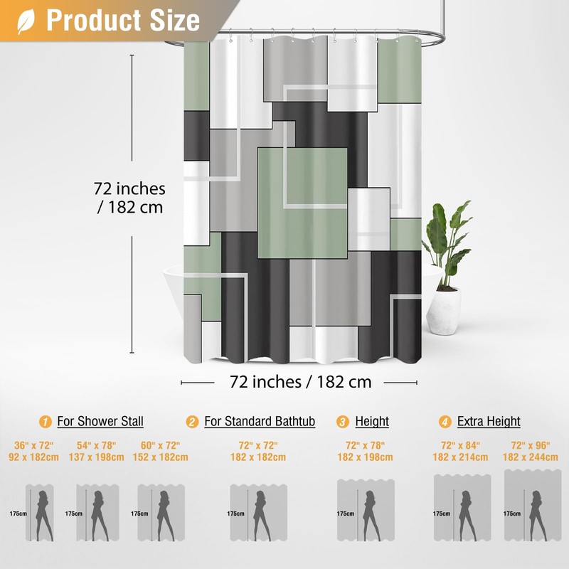 BTTN Sage Green Fabric Shower Curtain, Modern Geometric Neutral Cloth