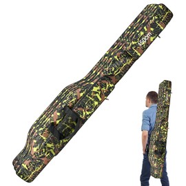 LEOFISHING Portable Folding Fishing Rod Carrier Reel Case Bag 4.27ft/ 4.92ft Oxford Fish Pole Tools Soft Case Pro Gear Tackle Storage Bag for Shoulders Handles (Green Camouflage, 150cm/4.92ft)