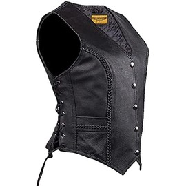 Dream Apparel Womens Black Leather Motorcycle Vest for Riding W/Concealed Carry Pockets, Biker Vest Club Vest W/Side Laces