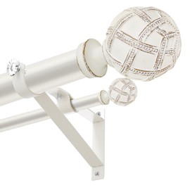 1 Inch Heavy Duty Adjustable Double Curtain Rod for Windows 66 to 120 Inches - Weathered White Boho Farmhouse Double Curtain Rod with Decorative Finials - for Living Room, Bedroom, Easy to install