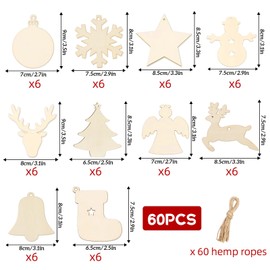 Huanmin 60 Stück Weihnachten Basteln, Weihnachten Holz Ornamente zum Aufhänge, DIY Weihnachtsdekoration Holz zum Bemalen, Weihnachtsbaum Deko Holz
