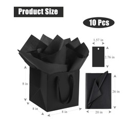 ADIDO EVA 10Pcs Square Gift Bags with Tissue Paper Small Black Square Gift Bags with Handles for Party Favor (8x8x8 In, Black)