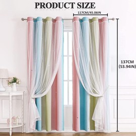 Blackout Curtains for Living Room Bedroom Nursery Kids Home Office,Thick Eyelet Thermal Curtains for Winter,White Voile Curtain Net Curtains for Windows,2 Panels 46 x 54 inch Drop,Green Pink Curtains