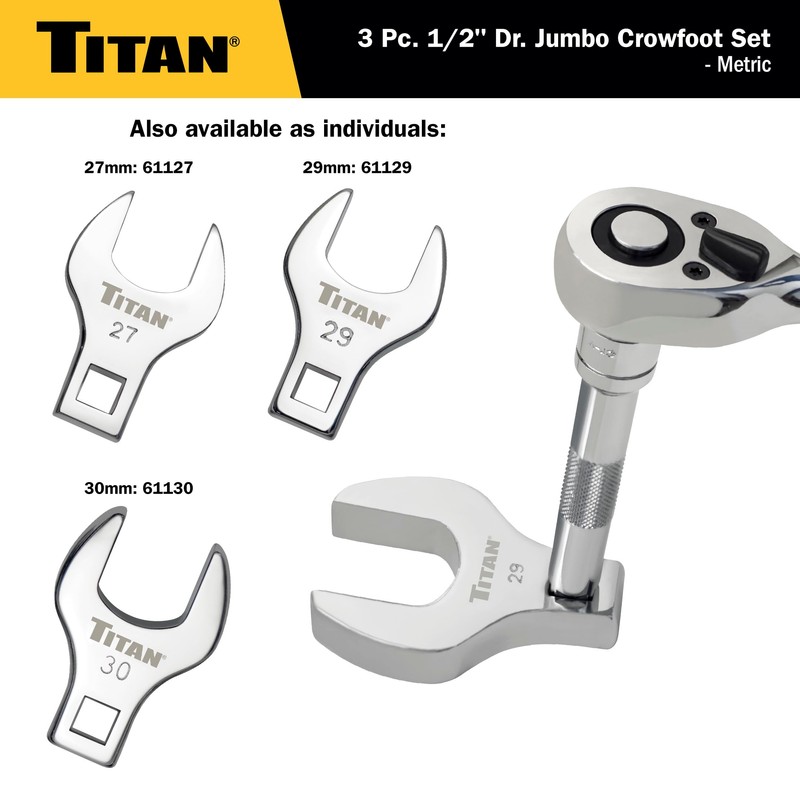 Titan 61199 3-Piece 1/2-Inch Drive Metric Full Polish Crowfoot Wrench