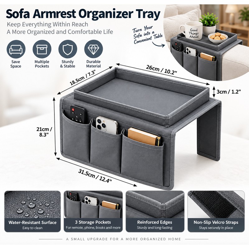 Sofa Armrest Organizer for Remote & Magazine Storage – 5-Pocket