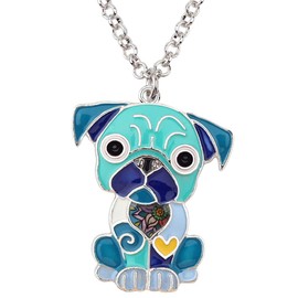 DOWAY Pug Dog Alloy Pendant Necklace Chain Jewelry Gift with Floral Enamel for Women Girls (Blue)