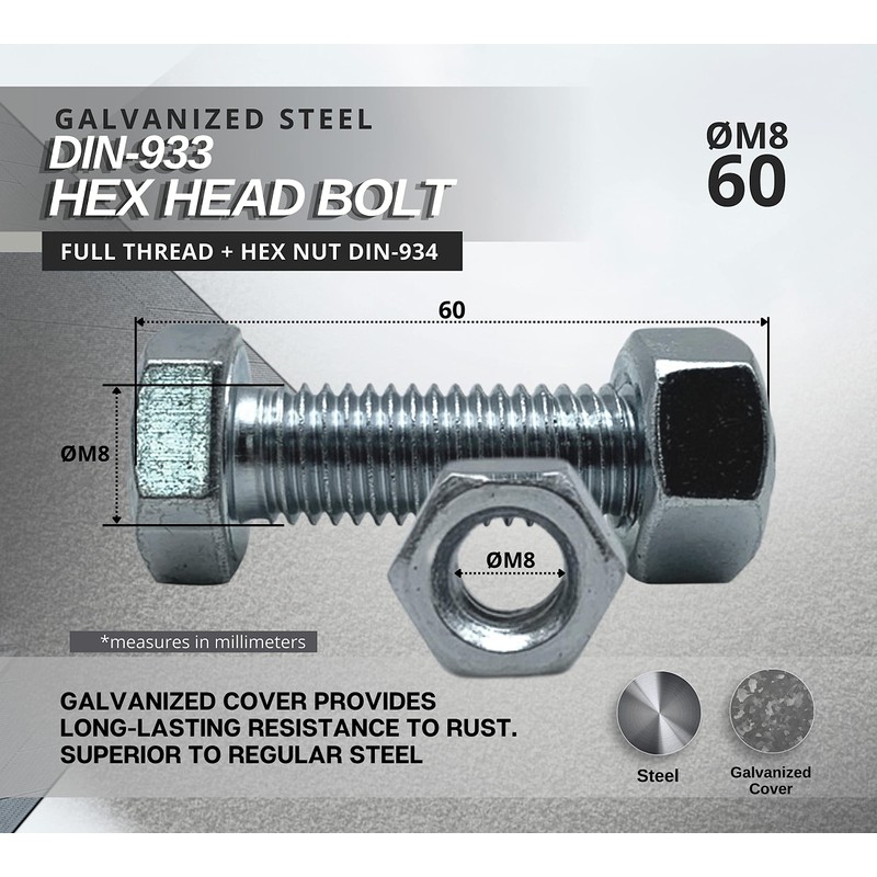 DOJA Industrial Hex Screws and Nuts Set, 8 x 60