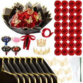 Thiccywoov 36 Pcs Glitter Roses Bouquet Gifts Artificial Rose DIY Flower Bouquet Kit Birthday Gifts Flower Wrapping Paper 3D Butterflies Crowns for Anniversary (Red)