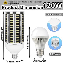 2 Pack 1200W Equivalent Led Corn Light Bulb, 12000 Lumen 5000K Daylight White 120W LED Corn Bulb, AC85-265V, E26/E39 Base LED Bulbs for Outdoor Indoor Warehouse Garage Basement Backyard Factory Barn