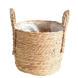 Woven Straw Flower Pot, Sea-grass Planter Basket, Wicker Rattan Vase Sundries Organizers Storage Bins, Hand Woven Basket Planter With Plastics Liners And Handle For Indoor Outdoor Plant (A, L) (Large)