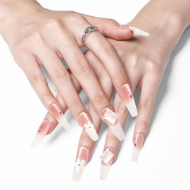 AFGHOUZ Artificial Press on Nails Square Long, Glue on Nails for Women, Pink Gradient, Hand-painted Flowers and Diamond Designs, Full Cover, 10 Sizes Reusable, Suitable for Many Occasions