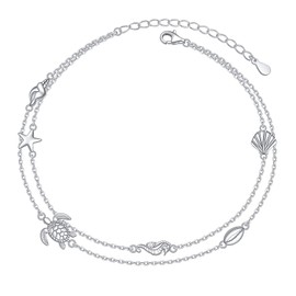 YinShan Anklet for Women S925 Sterling Silver Adjustable Foot Sea Life Turtle Conch Starfish Shell Ankle Bracelet Anklets Beach Jewelry