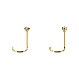 DENI 2 x Gold Plated Silver Nose Studs with 2mm Stone, Cubic Zirconia with Stunning Shine and Curved Stem, Thickness 0.6mm, Length 6.5mm, Standard Size, 6.5mm Largo, Silver, No, Silver, No Gemstone