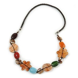 Avalaya Multicoloured Shell/Ceramic Bead Brown Faux Leather Cord Necklace in Orange, Brown, Blue, Green Colours - 66cm L