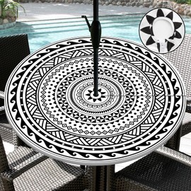 Round Outdoor Tablecloth with Umbrella Hole Waterproof Patio Table Covers Round Fitted Tablecloth with Elastic Zippered Round Outdoor Table Cloth for Picnic, Camping, Garden (White, 44" (Round))