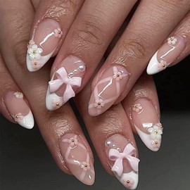 24pcs Medium False Nails - French White Tip Pink Stick on Nails Flower - Press on Nails with Pink Bow Removable Glue-on Nail - Acrylic Full Cover Fake Nail Women Girls Nail Art Accessories
