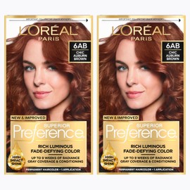 L'Oreal Paris Superior Preference Luminous Fade-Defying Permanent Hair Color, Hair Dye For Up to 9 Weeks of Radiance, Chic Auburn Brown 6AB, 1 Hair Dye Kit (Pack of 2)