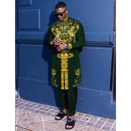 Mens African 2 Piece Set Zipper Nigerian Dashiki Metallic Shirt and Pants Outfit Gold Stamp Printed Long Traditional Suit