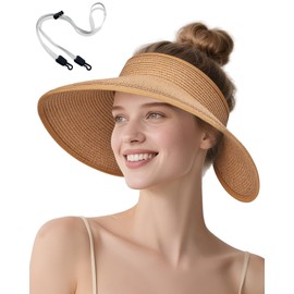 YANIKY Sun Visor Hat for Women, Wide Brim Straw Visors Beach Hat Roll Up Foldable Beach Visors Summer UV Protection (US, Alpha, One Size, Khaki)