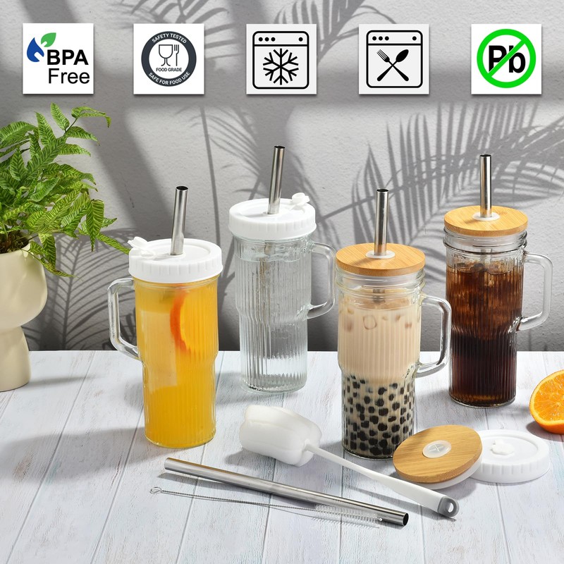 ALINK 24oz Ribbed Glass Cups with Bamboo Lids and Straws,