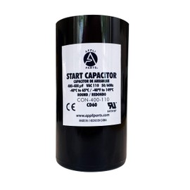 Appli Parts motor start capacitor 400-480 Mfd (microfarads) uF 110-125VAC universal fit for electric motor applications 1-3/4 in Wide 3-3/8 in Height CON-400-110