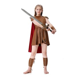 maxToonrain Girls Roman Soldier Costume Kids Warrior Gladiator Outfits for Viking Greek Historical Theme Role Playing Party - Includes Tunic, Armour, Cape, Arm and Leg Guards (Large)
