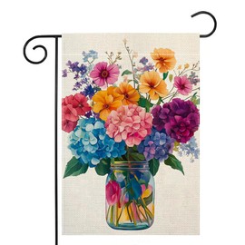 Spring Summer Colorful Floral Mason Jar Garden Flag 12x18 Inch Double Sided Hydrangea Flower Yard Outdoor Flag House Holiday Outside Decoration Burlap