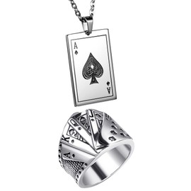 Flongo Men's Chain Band Ring Signet Ring Men's Chain Men's Ring Pendant Jewellery Set with Ace of Spades Playing Card Royal Flush Poker Cards Silver, Stainless Steel