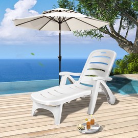 Giantex Folding Lounger Chaise Chair on Wheels Outdoor Patio Deck Chair Adjustable Rolling Lounger 5 Position Recliner w/Armrests, White