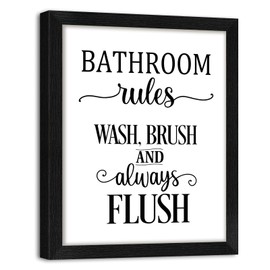 Funny Bathroom Wall Art Framed Bathroom Rules Wall Decor 8x10 Inches, Black and White Toilet Rules Wash Brush and Always Flush Canvas picture prints Essential Restroom Decor for Bathroom and Home